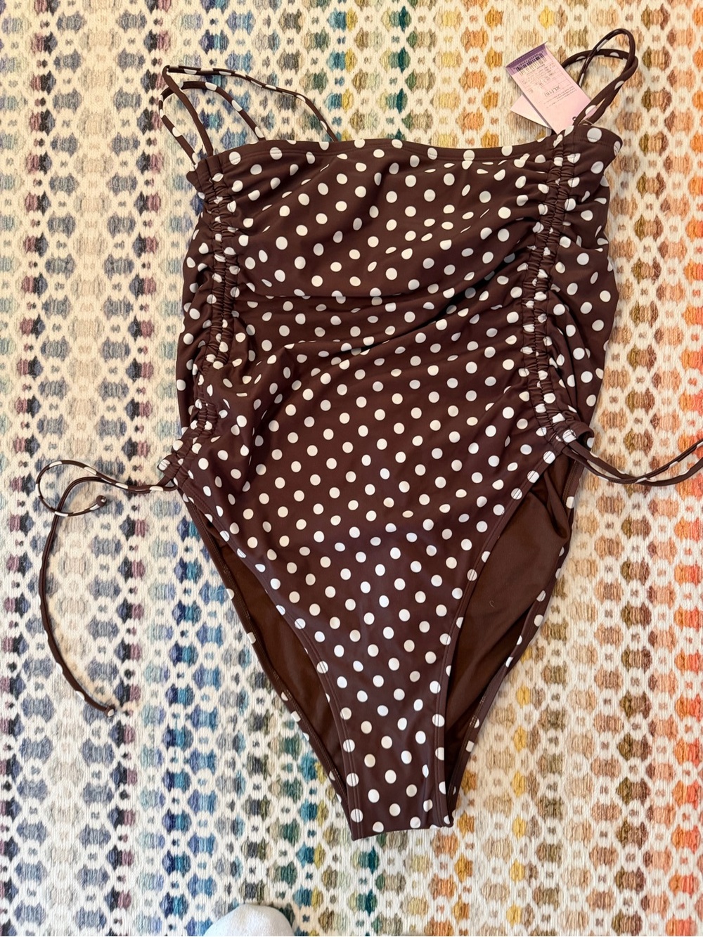 Polka Dot Ruched One-Piece Swimsuit - Brown & White - never worn!